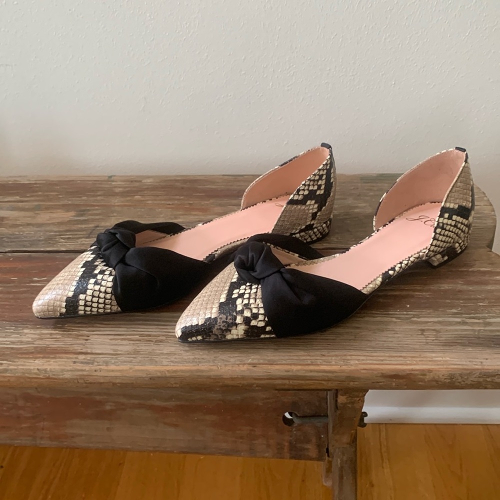J crew flats, snake embossed leather with satin bow